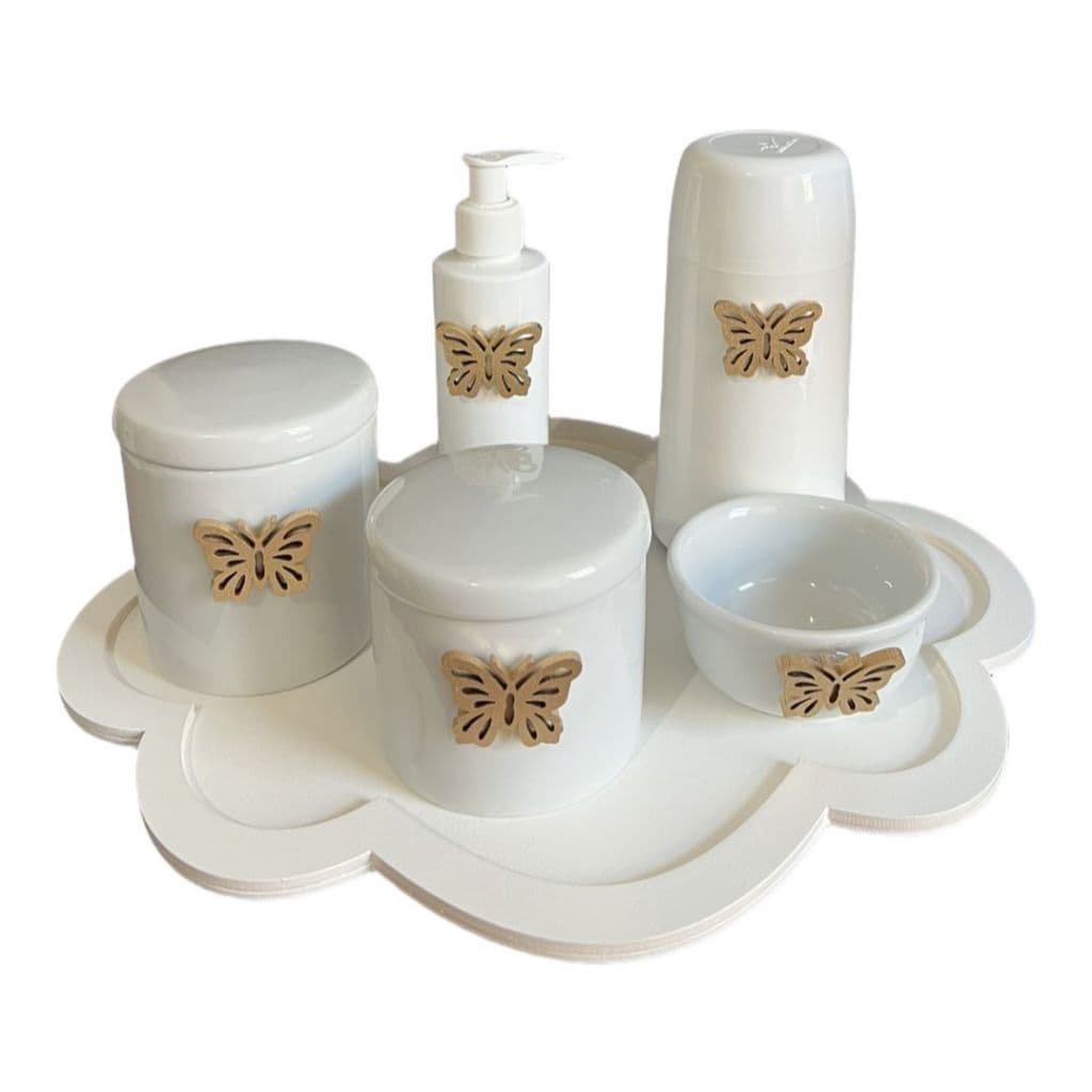 KIT HIGIENE PORCELANA BANDEJA NUVEM TEMAS DOURADO GARRAFA 250ML COMPLETO