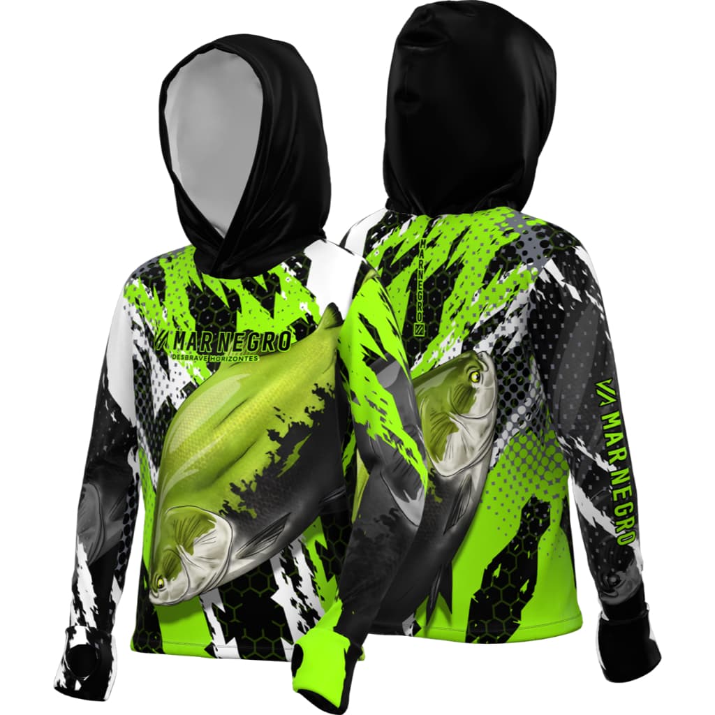 camiseta infantil pesca mar negro com capuz e luva X-Potection sublimada proteção solar 50+uv criança