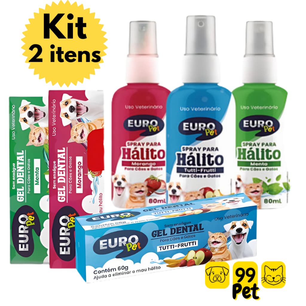 kit Creme dental + Spray Bucal para Cachorro e Gato hálito euro pet pasta gel dental dentes