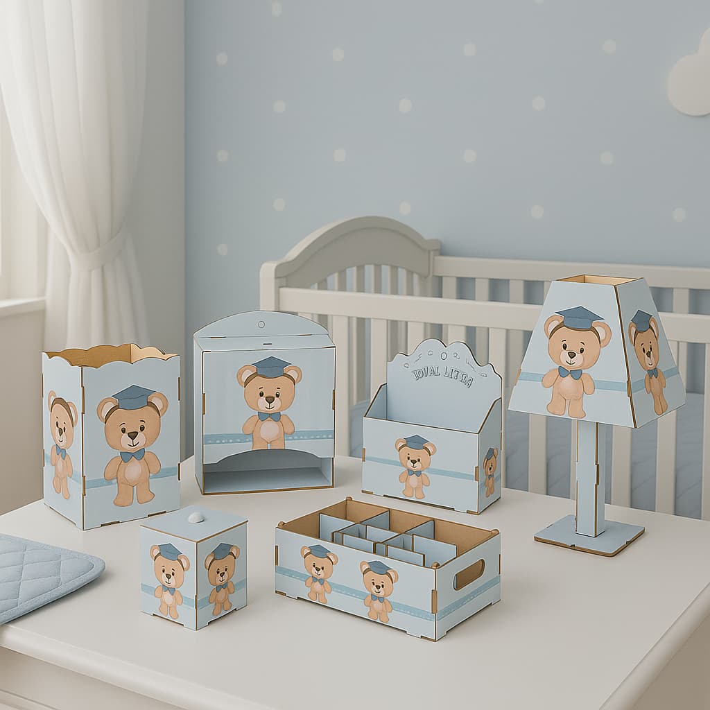 Kit Higiene Bebê Azul 8 Pç Mdf Mult uso adesivado novidade Pronta Entrega promoção