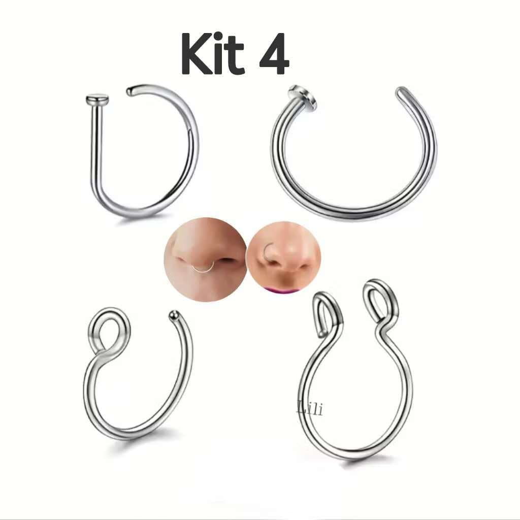 Kit 4 Piercing De Nariz Falso Anel De Septo Falso De Aço Cirúrgico