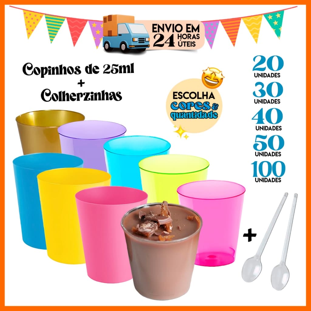 KIT 20|30|40|50|100 Copinhos para Sobremesas de 25ml + Colherzinha Doces e Brigadeiros