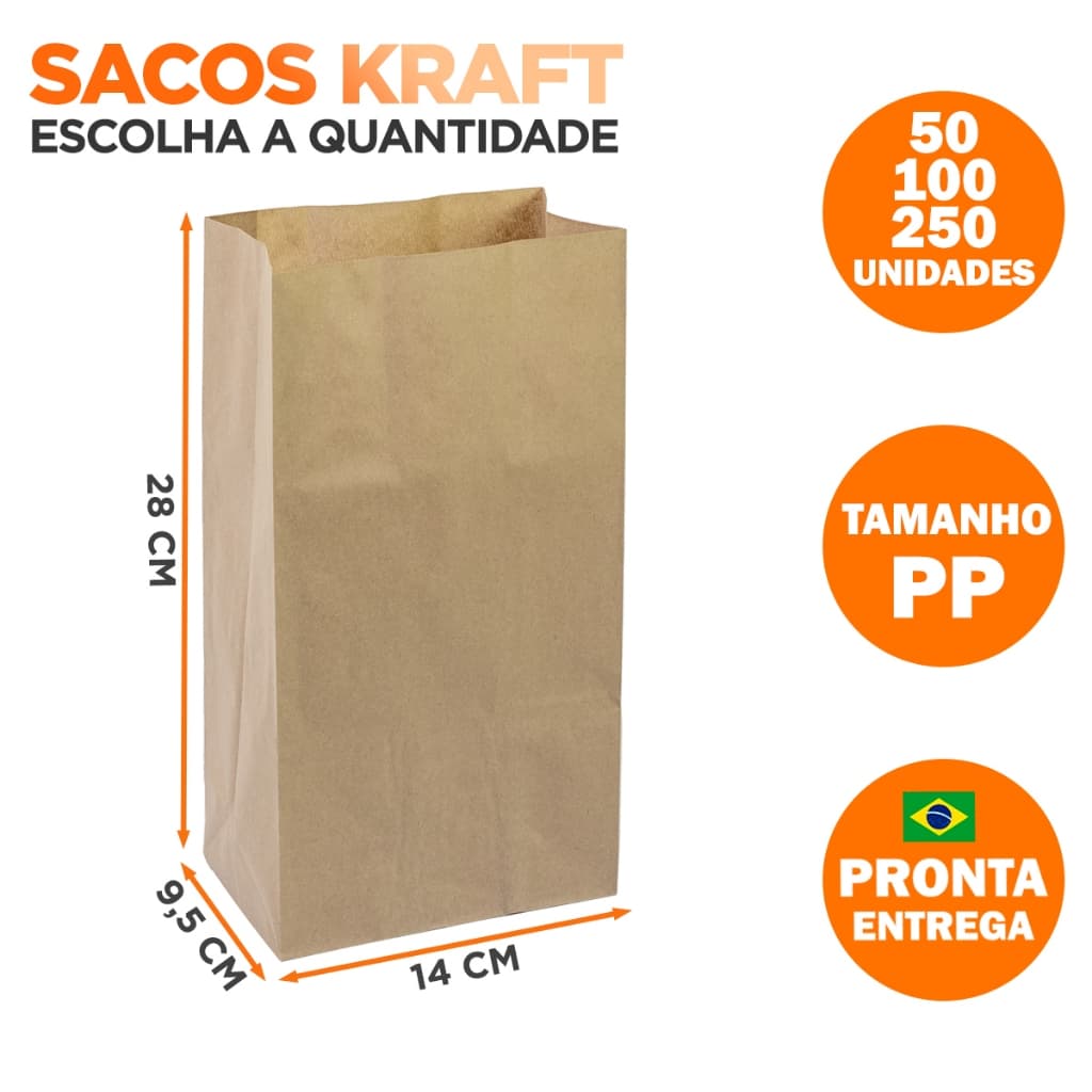 Kit Sacos Papel Kraft Delivery - 28 x 14 x 9,5 CM - Tamanho PP - Embalagem Comida Doces Entrega