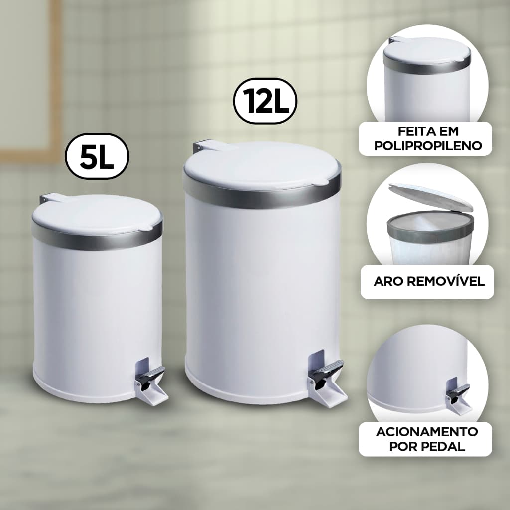 Lixo Lixeira com Pedal e Tampa 5 e 12 Litros Plástico Banheiro Cozinha Cesto de Lixo Casa Escritório