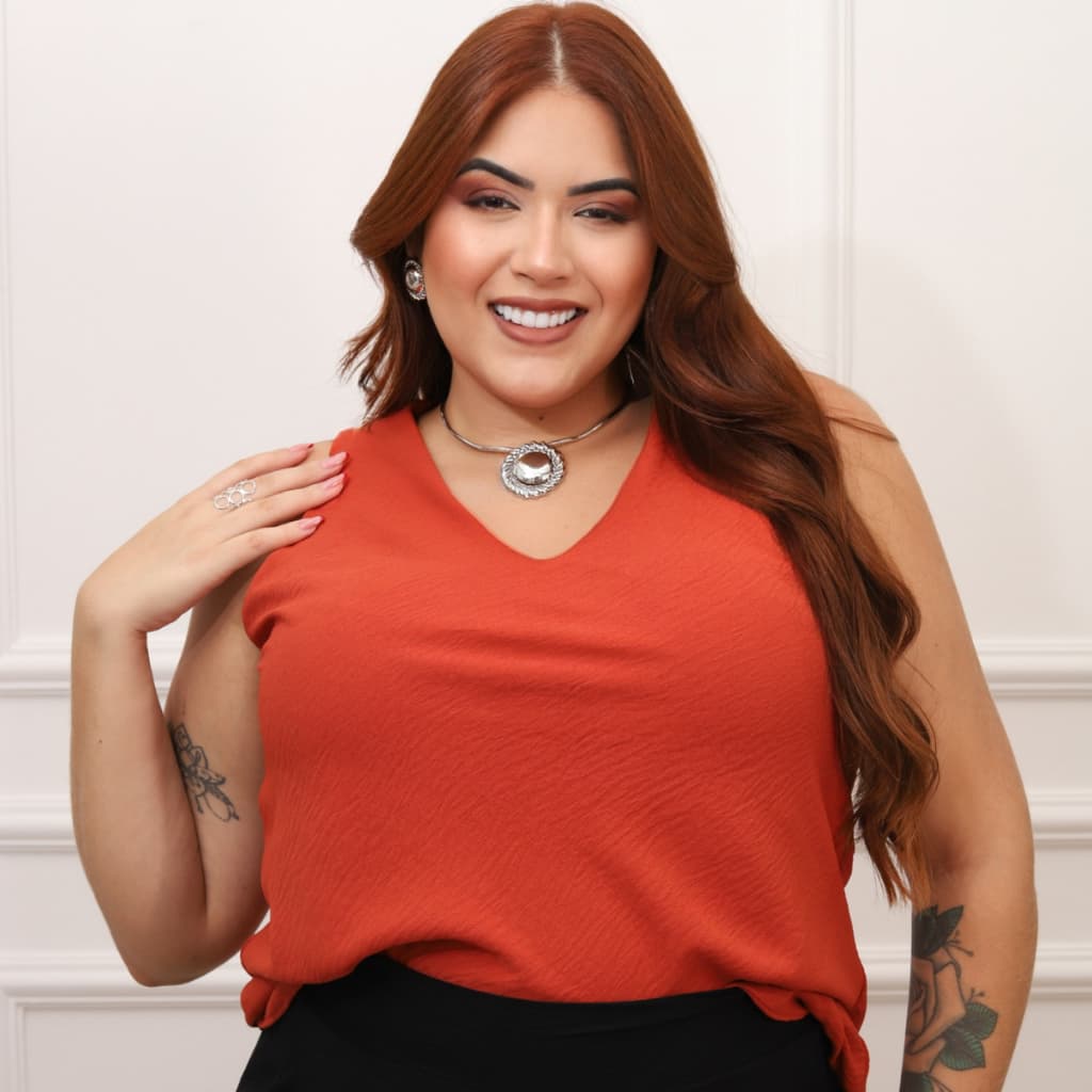 Blusa Feminina Regata Plus Size Forrada Alça Grossa Decote em V