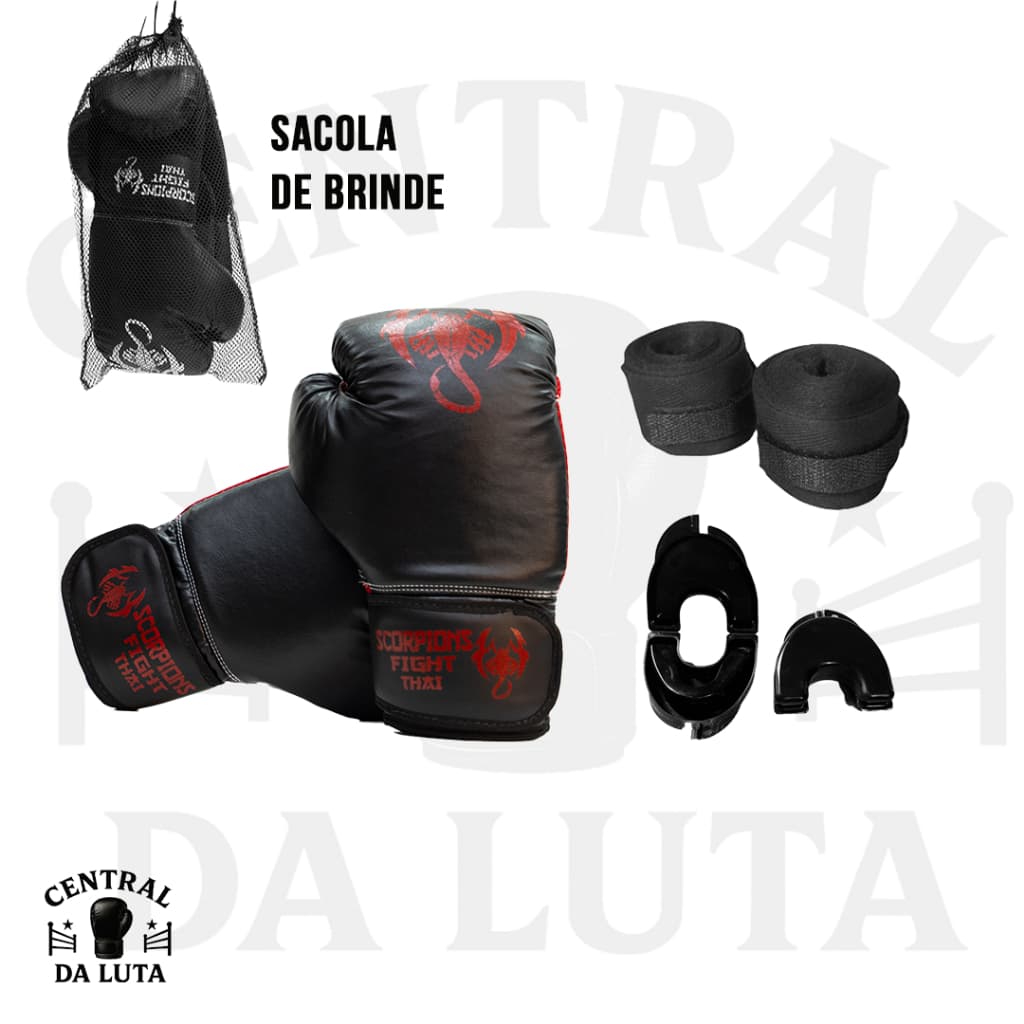Kit Completo Muay Thai Boxe Kickboxing Luva + Bandagem + Bucal + sacola de brinde