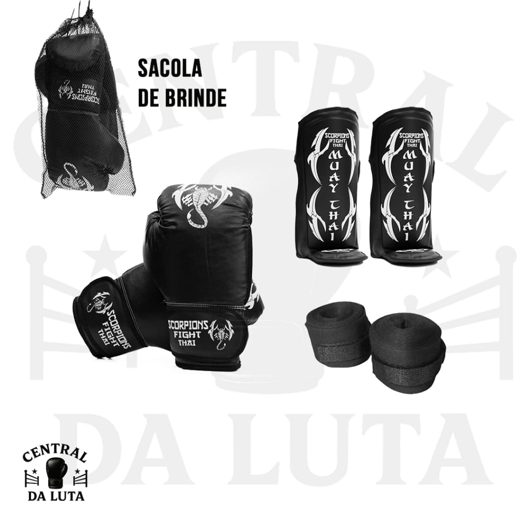Kit Completo Treino Muay Thai / Boxe – Luva + Caneleira + Bandagem + Sacola de Brinde