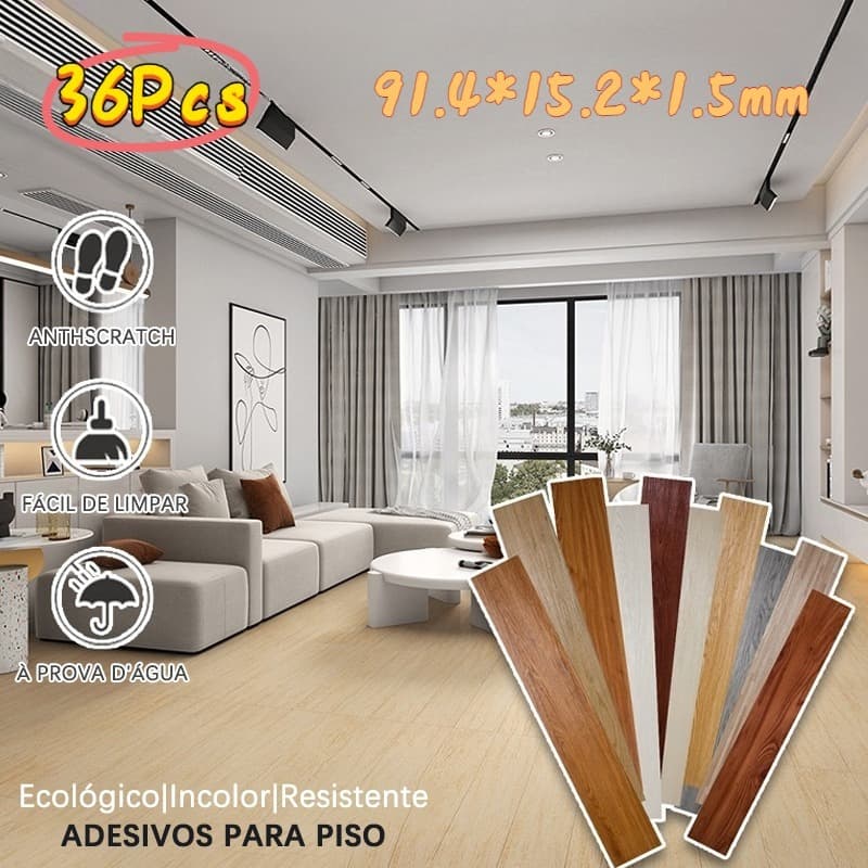 Kit 36 Adesivos Vinílicos de Piso de Madeira Moderno: Antiderrapantes, Laváveis, 91,4x15,2cm