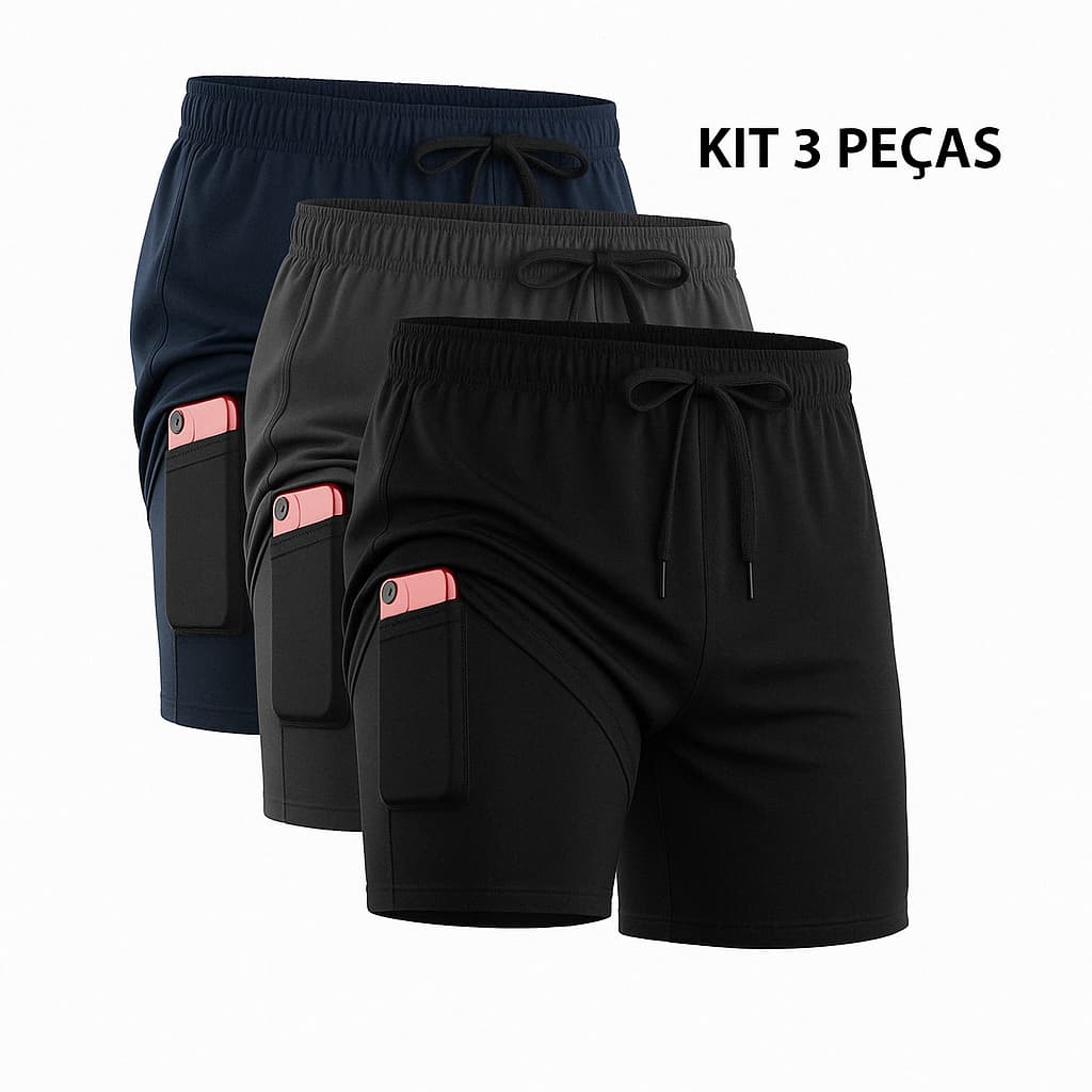 Kit 3 Shorts Masculino 2 em 1 Fitness Bermuda Treino Com Bolso Interno