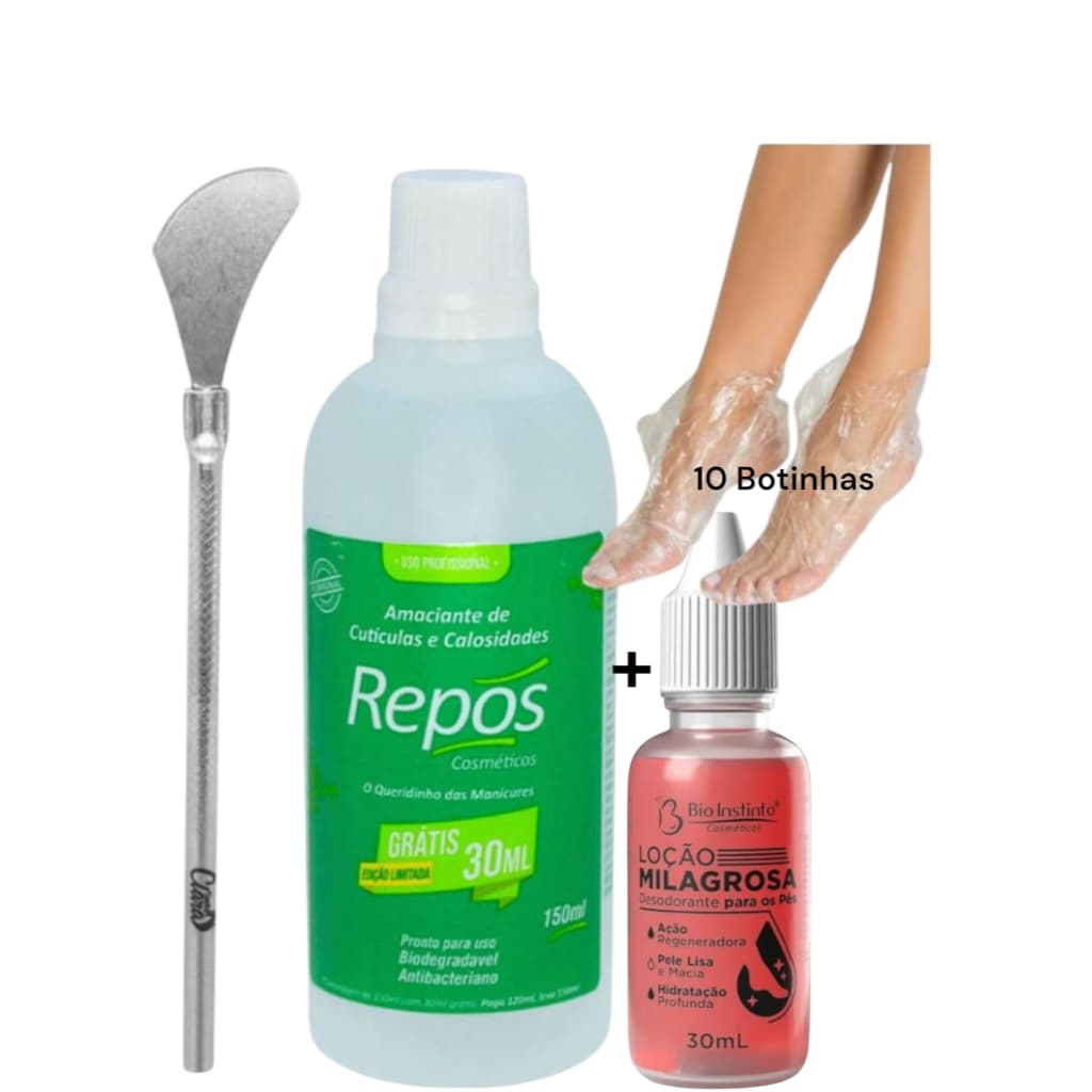 Kit Spa dos Pés 👣 | Repôs 150ml + Loção Milagrosa 💧 + Espátula Inox 222 🛠️ + 10 Botinhas 🧦 | Remove Calos + Hidratante