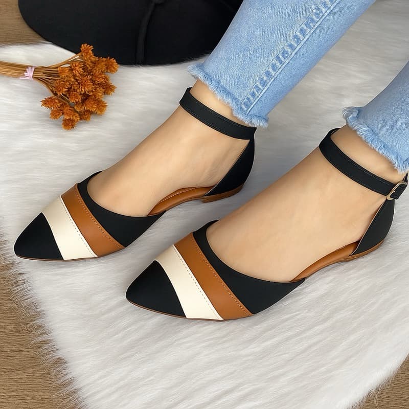 Sapatilha salome aberta feminina moda bico fino preto marrom branco sapato calçados rasteira