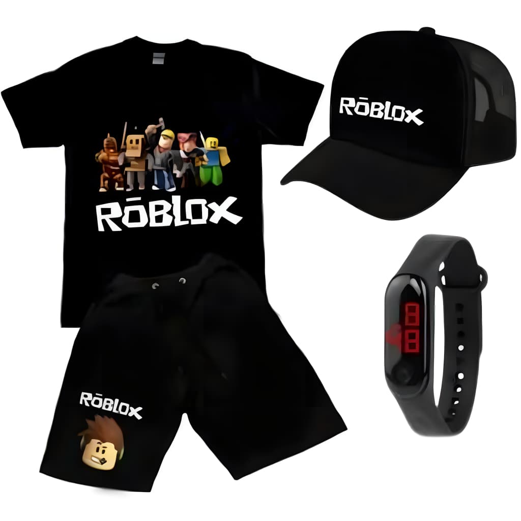 Conjunto Infantil Meninos Camiseta Short Relogio Boné Roblox Sonic