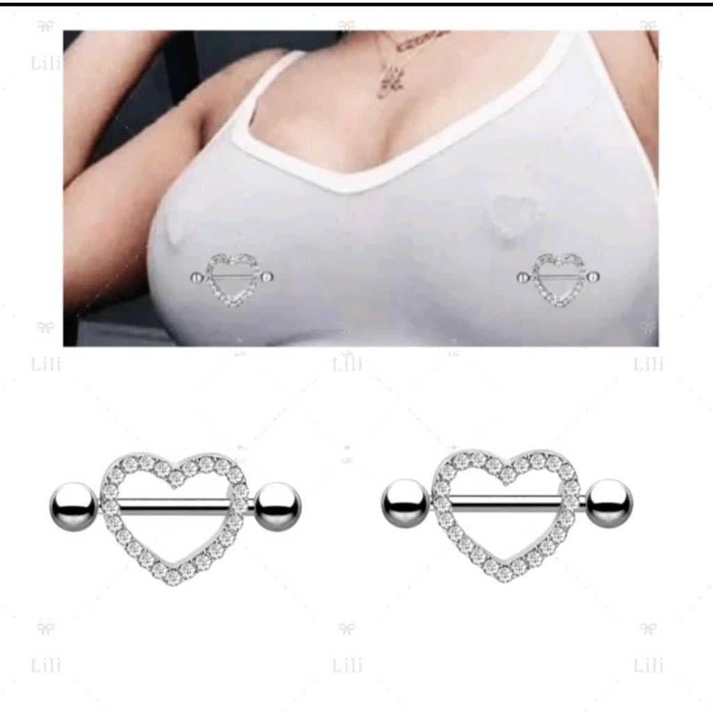 kit 2 Piercing Mamilo Coração Aço Cirúrgico Cravejado Zircônia