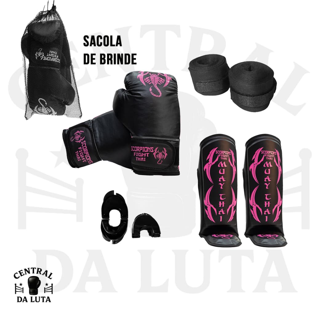 Kit Feminino de Treino Completo Muay Thai / Boxe Cor de Rosa - Sacola/Case de Brinde