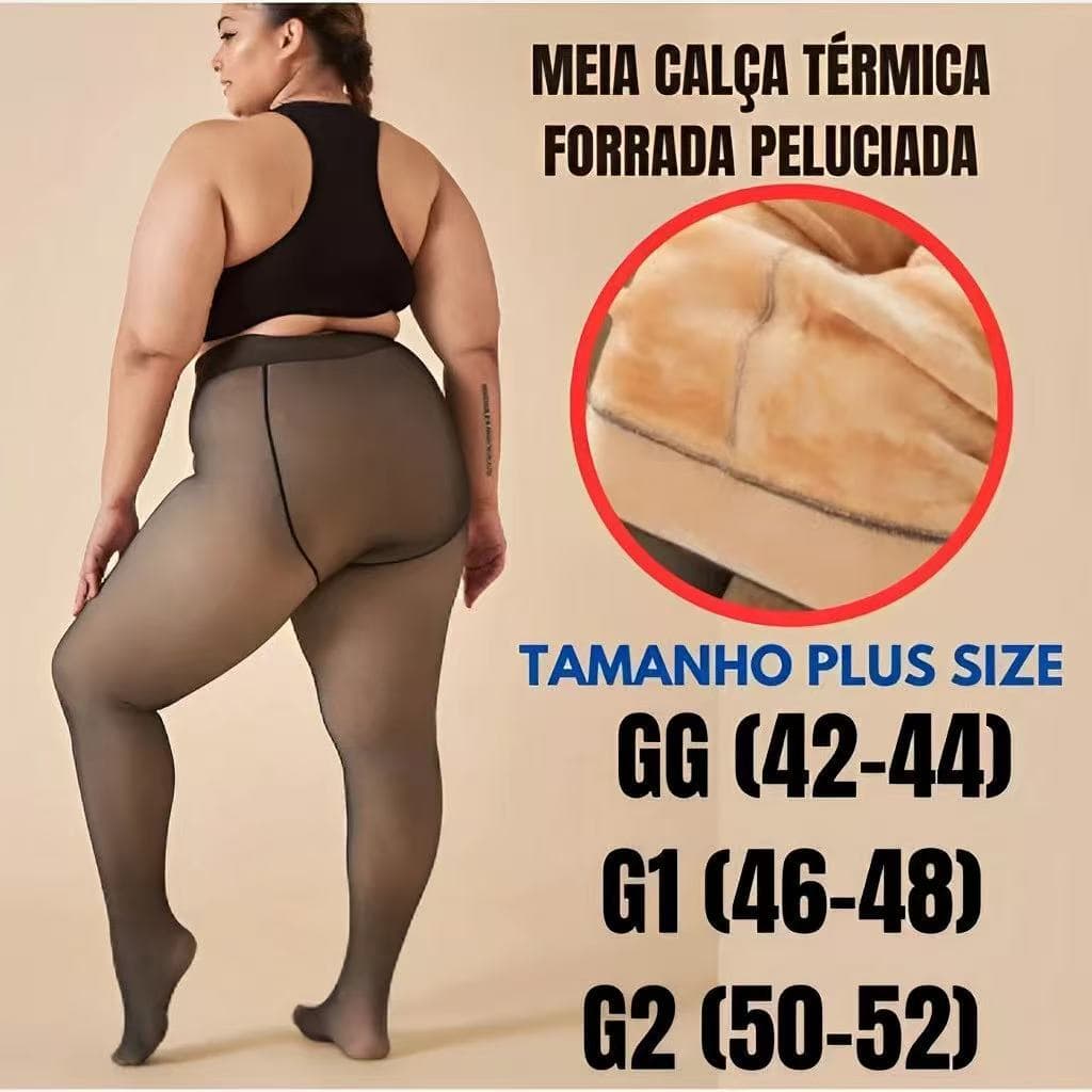 Meia-Calça Térmica Plus Size GG-GGG Forrada Peluciada Translúcida de Lã Feminina Super Elástica Slim