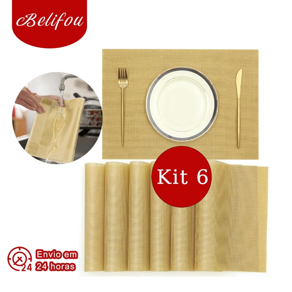 Belifou Kit 6 Mesa Jogos Americanos E Descanso PVC Retangular Prata - Matio Fácil De Lavar