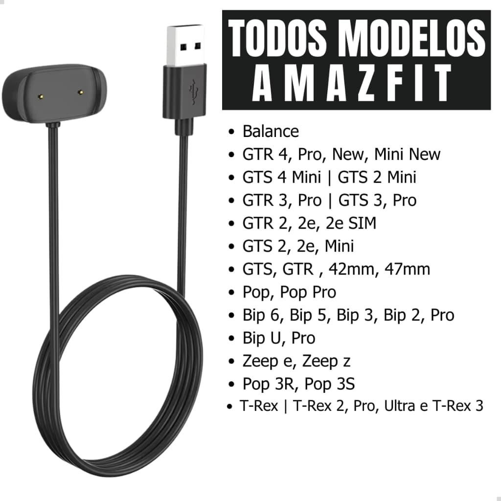 Carregador USB P/ Relógio Amazfit GTR GTS 2 3 4 Mini Bip 6 5 U Pop 3R 3S Pace T-Rex 3 2 Pro Ultra