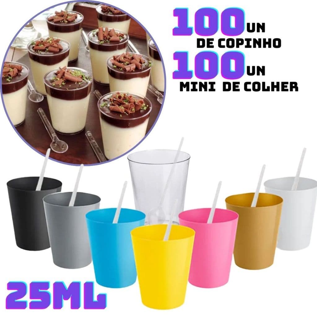 Kit Completo 100 Copo Copinho Potinho Cristal Colorido 25ml e 100 Colheres Acrílico Brigadeiro De Colher Doce Docinho