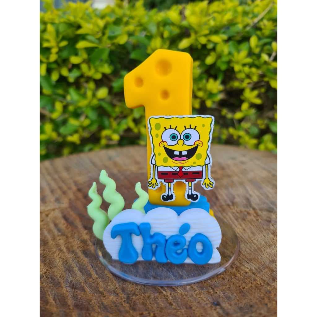 vela de aniversário BOB ESPONJA, personalizada, biscuit, topo de bolo com nome e pavio