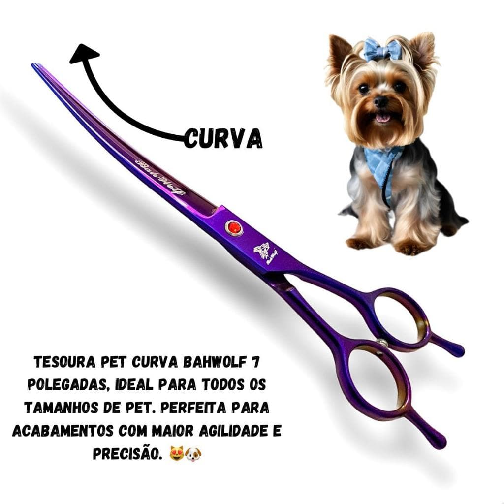 Tesoura Pet curva banho e tosa profissional 7 pol Bahwolf Cachorro gatos Grandes médios barbearia