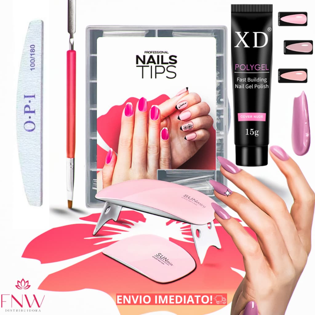 Kit Alongamento Poligel Polygel + Molde F1 + Lixa + Mini Cabine De Unha + Pincel 02 em 1