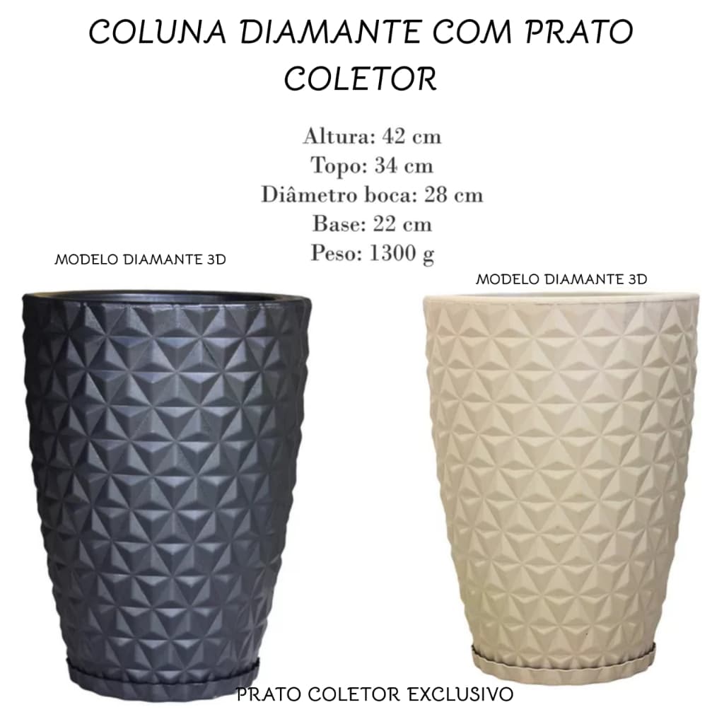 Vasos Decorativo Coluna Diamante 3D Polietileno Para Plantas ou Flores grande (42x34) com Prato Coletor