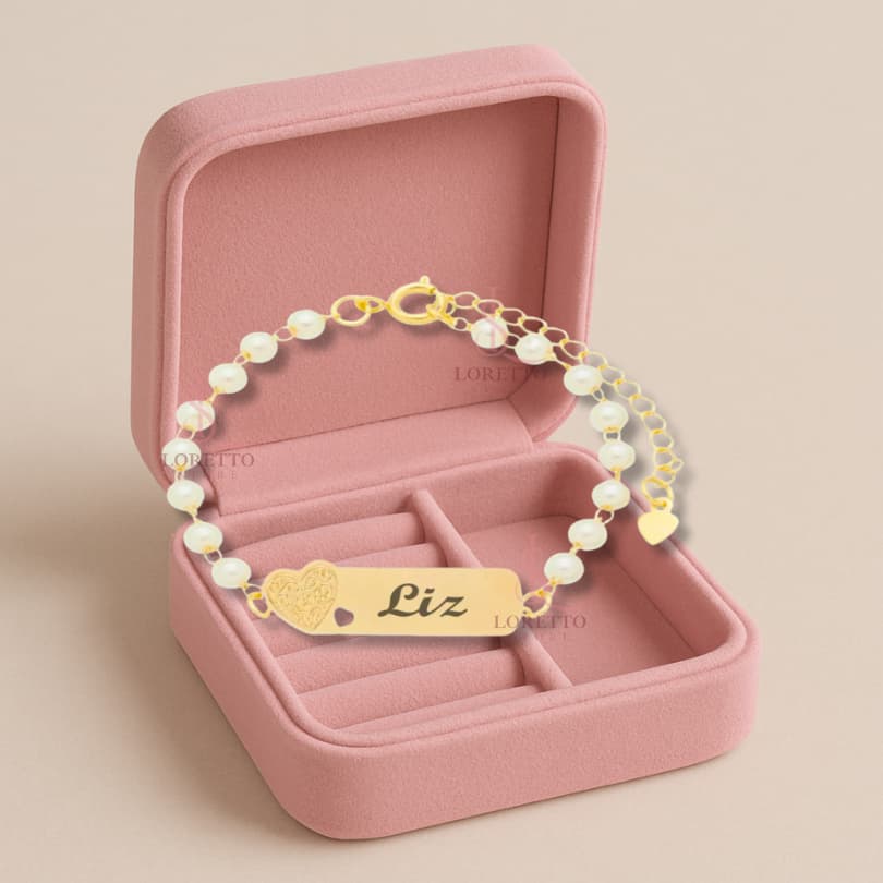 Pulseira de Crinça com Nome Garavado a Laser Perola  Ah199