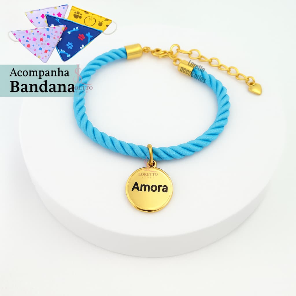 Coleira com Medalha Identificação + Bandana Gravação Nome Pet + Telefone C2