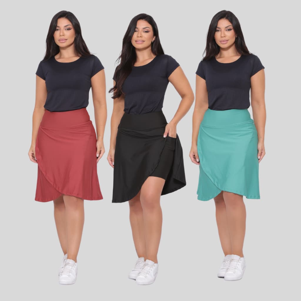 Kit 3 Saias Shorts Com Bolso Treino Moda Evangelica Caminhada