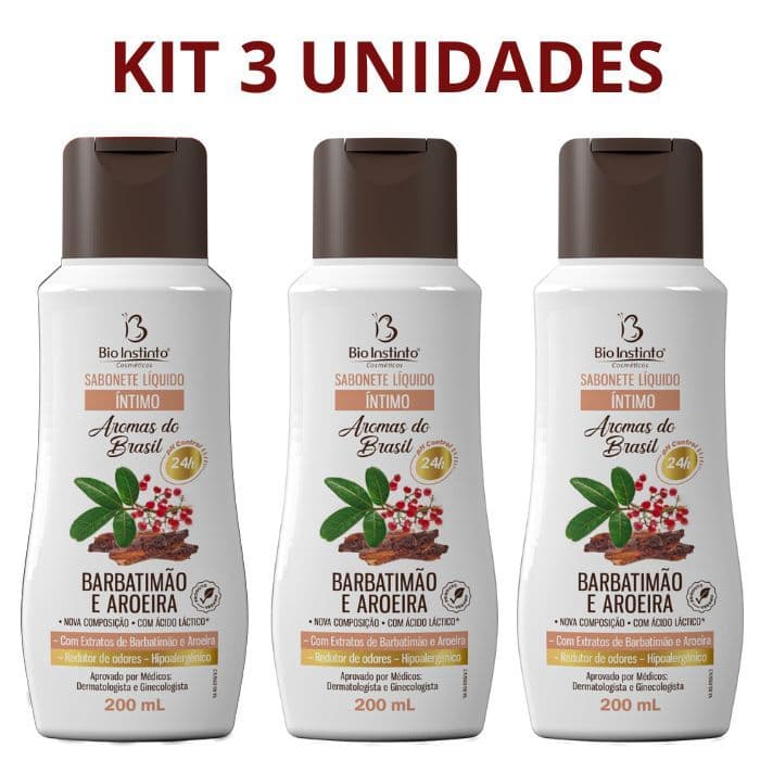 Kit 3 Un Sabonete Íntimo Feminino Barbatimão e Aroeira 200ml Bio Instinto Original