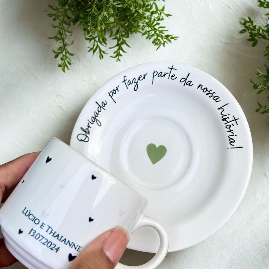 Kit Xícara Com Pires Personalizados Para Casamento Minimalista 180ml
