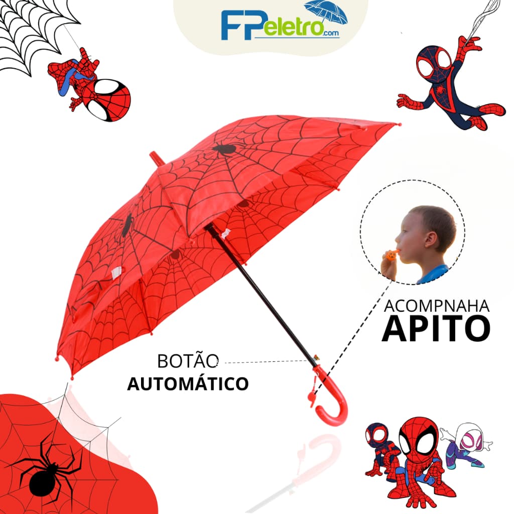 Guarda Chuva Infantil Aranha Automático Reforçado Com Apito Aranha Bonequinha