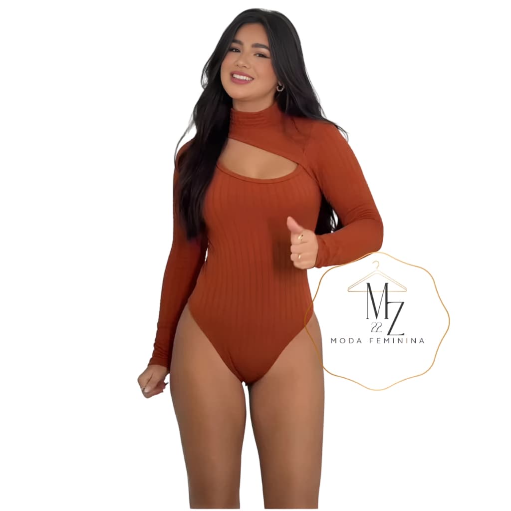 Body Feminino Manga Longa Gola Alta com Decote Busto - Tendencia Blogueira - Tecido Anarruga