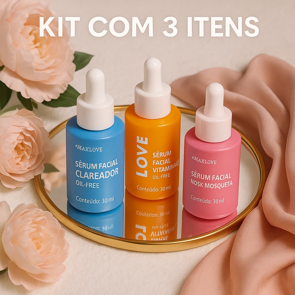 Kit c/ 3 Sérum Max Love Rosa Mosqueta + Vitamina C + Clareador De Manchas Rosto skin care Anti Idade