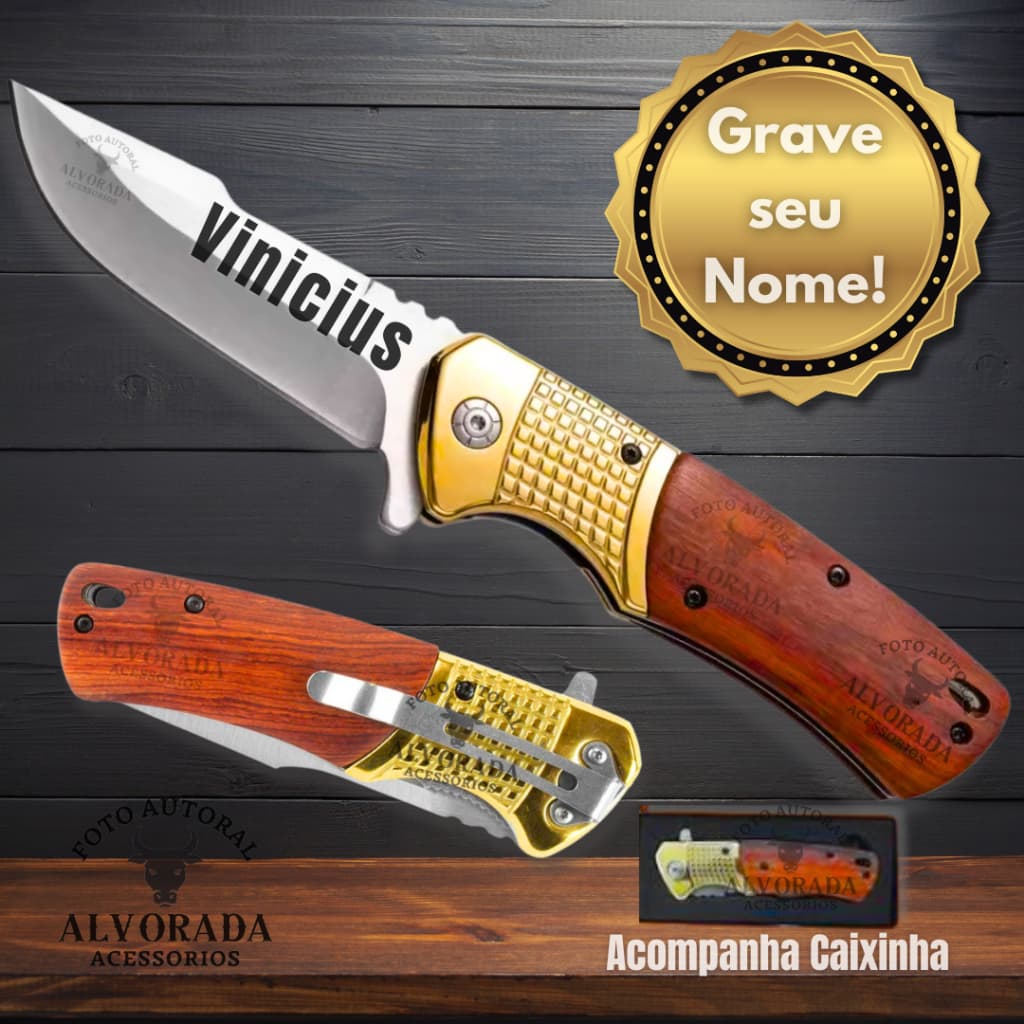 Canivete Luxo Personalizado com Nome com Detalhe Dourado Clip de Bolso