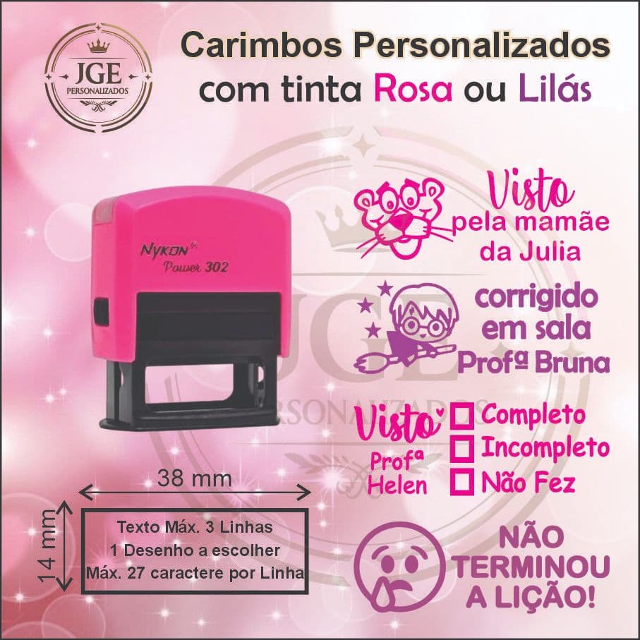 Carimbo personalizado com tinta rosa, lilás, Vermelha, azul, verde ou tinta preta