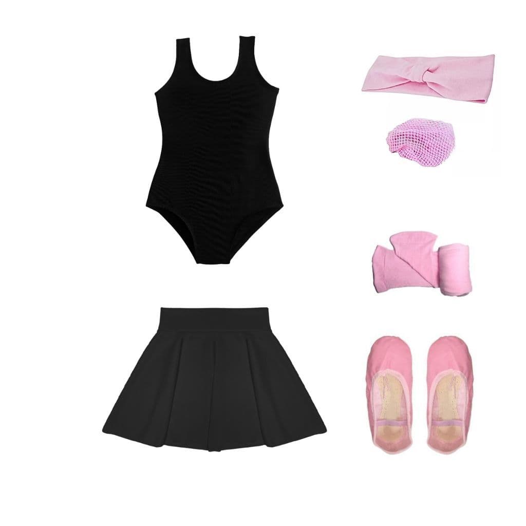 Kit Ballet Suplex 6 Itens Collant e Saia Preta + Acessórios Rosa