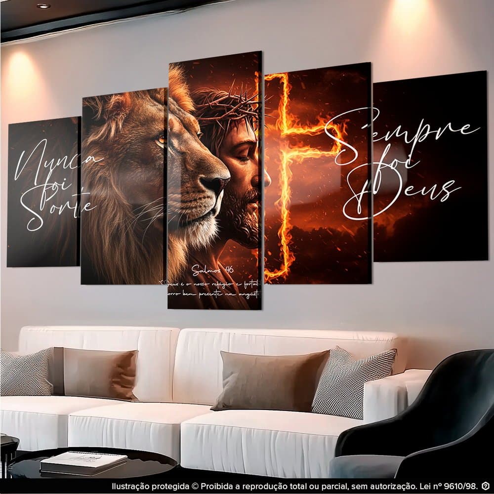 Quadro Decorativo 5 peças Religioso Leão Cruz Jesus por Amor Motivacional Salmos para Sala