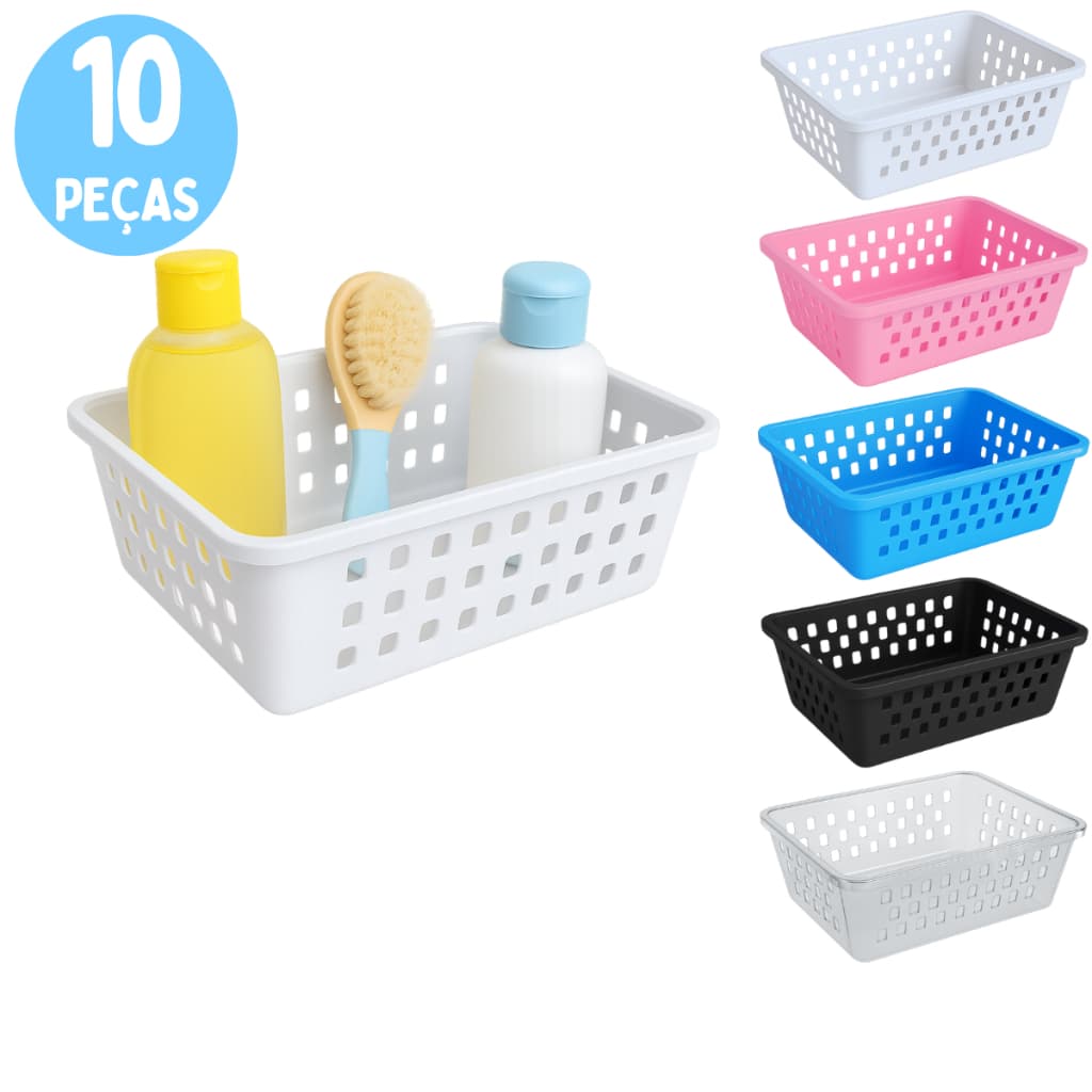 Kit 10 Cesto Organizador 16x12x6Cm Pequeno Branco Transparente Rosa Azul Preto