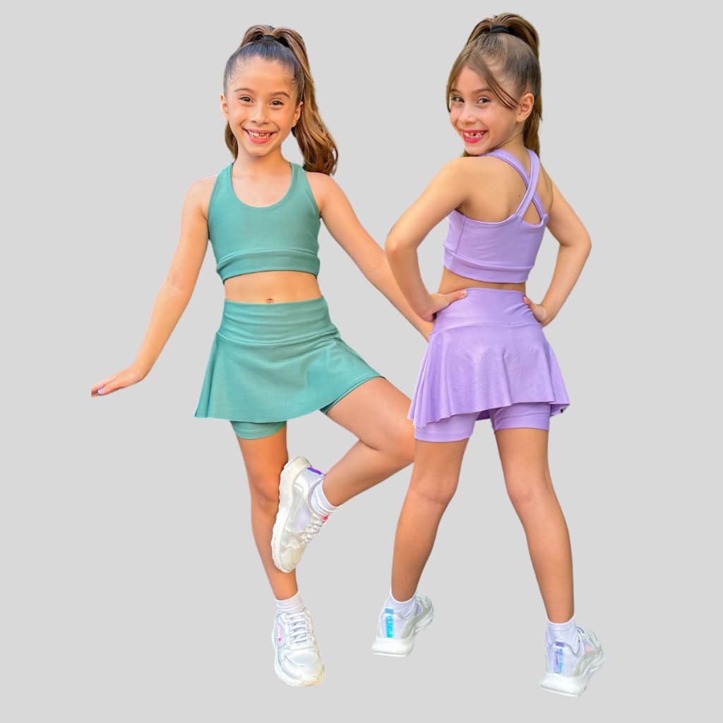 Combo 2 Conjuntos Short e Saia e Top Roupa de Treino Infantil Menina Feminina Kids Ginastica