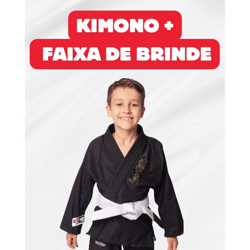 Kimono Infantil Preto Reforçado Jiujitsu, Judo + Faixa Com Ponteira