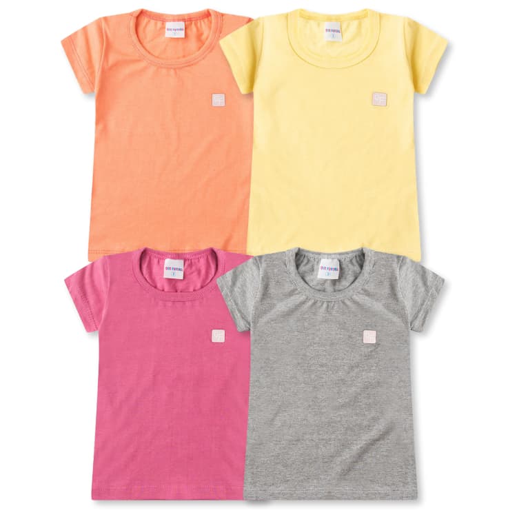 Kit Sortido 4 Peças Blusa Manga Curta Lisa Básica Menina Escolar Infantil e Juvenil do 3 ao 16