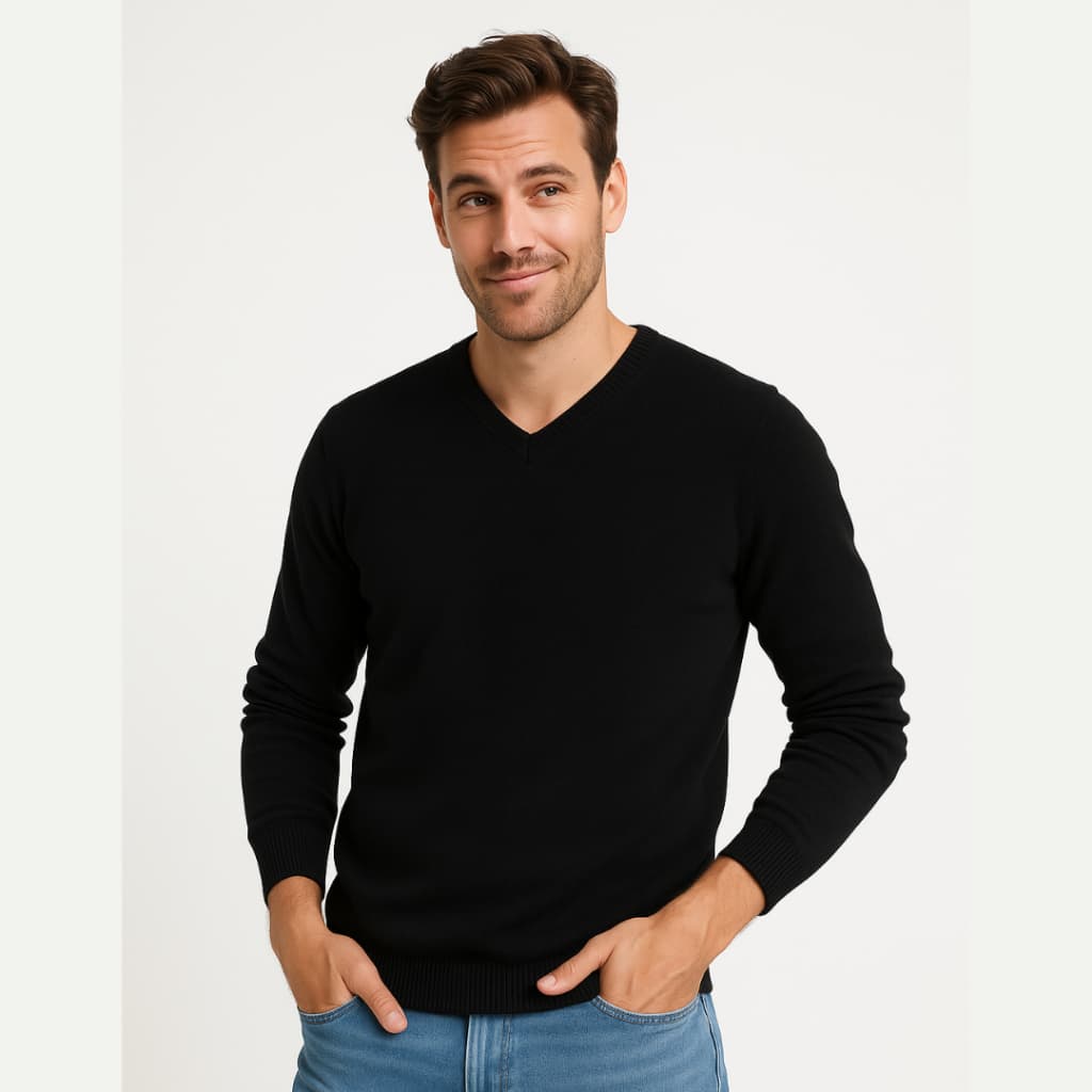 Blusa de Frio Masculina Suéter Masculino Gola "V" 100% Poliéster em Tricot Trico de Inverno
