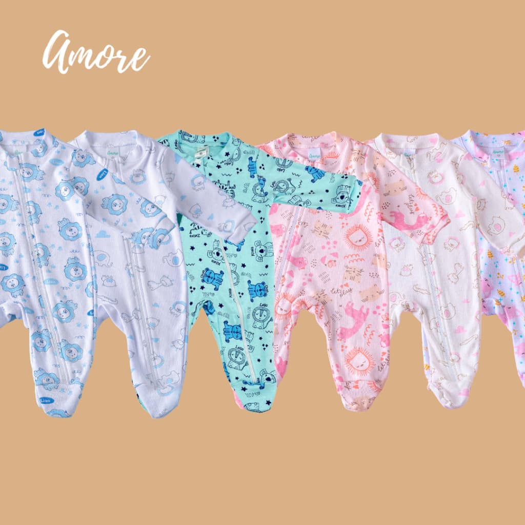 KIT 3 Macacão Bebê com Zíper Amore Sortidos Pezinho Maternidade 100% Algodão
