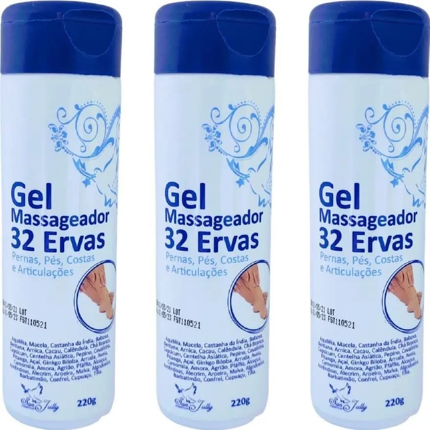 Kit c/ 3 Gel Massageador 32 Ervas 220g Pernas Costas e Articulações - San Jully