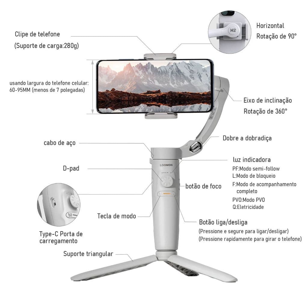 COIBEU Estabilizador Gimbal M2 3 Eixos P/ Celular Smartphone