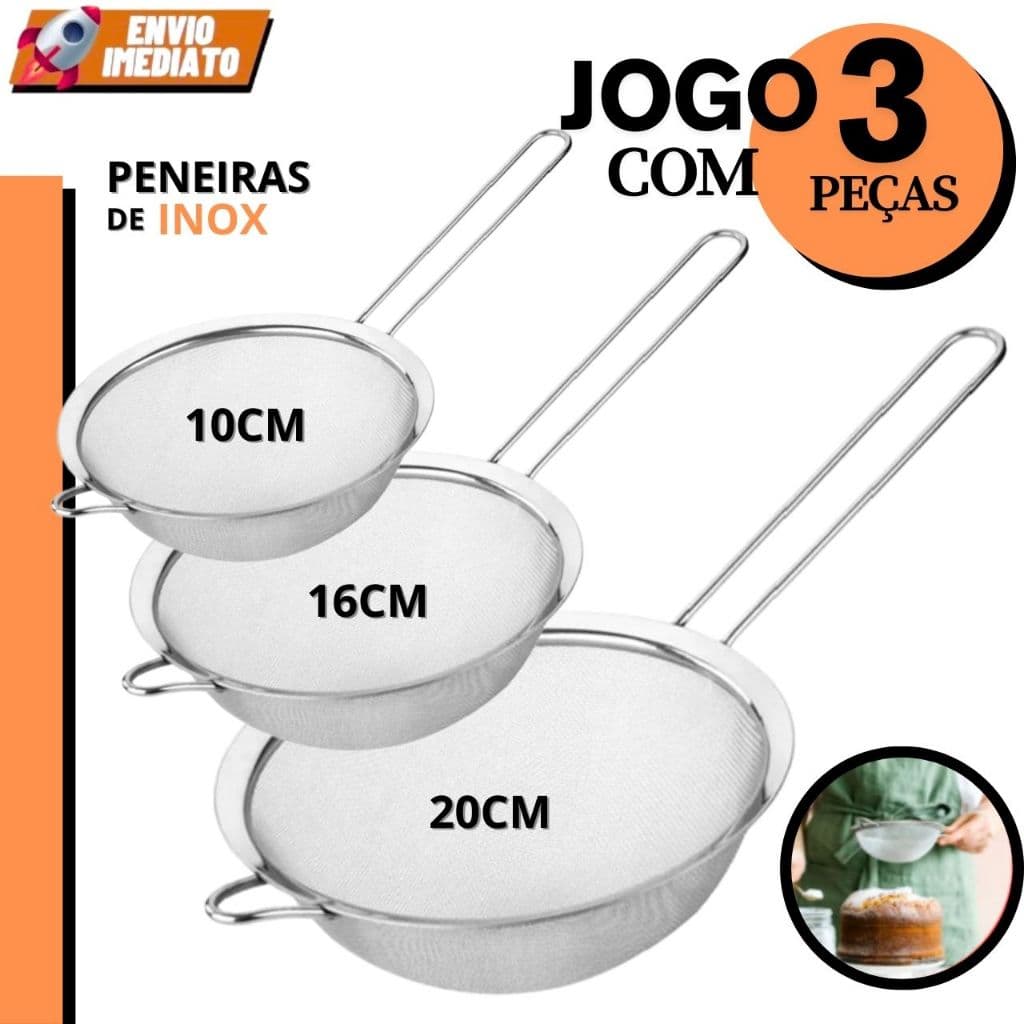 Kit Peneiras 3 Peças 10/16/20 cm INOX para Cozinha Confeitaria Povilhar Peneirar Farinha