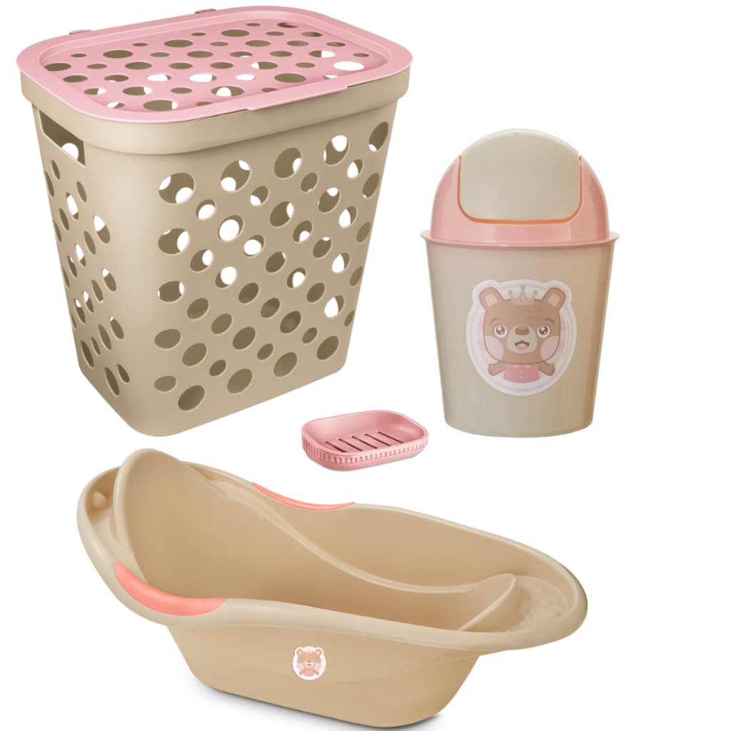 Kit Cesto de Roupa 30L, Banheira 20L, Lixeira 3L e Saboneteira com Escorredor Para Bebês Menina
