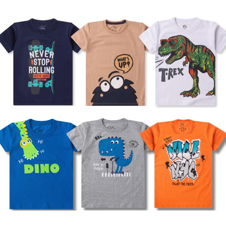 Kit Sortido 5 Camisetas Manga Curta Estampada Masculina/Menino Infantil e Juvenil do 2 ao 14