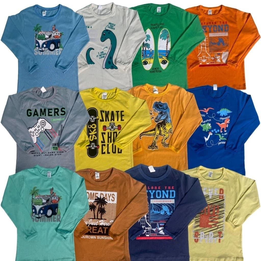 Kit 5 Camisetas Infantil Sortidos Desenho Manga Longa Menino Inverno 2 à 8 Anos